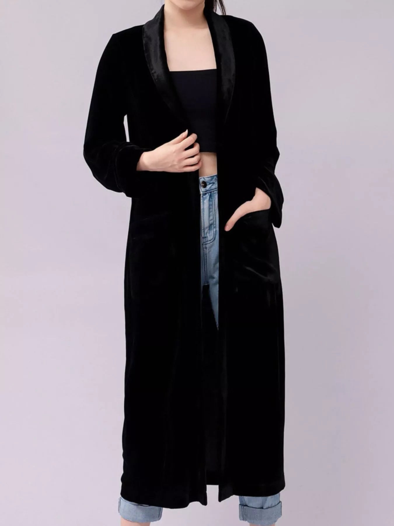 Velvet Lapel Collar Longline Coat 