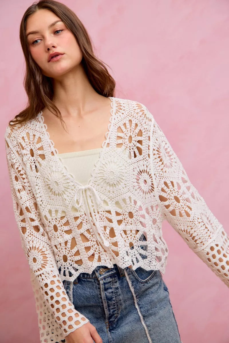 SO ME Floral Pattern Crochet Knit Tie Front Crop Cardigan 