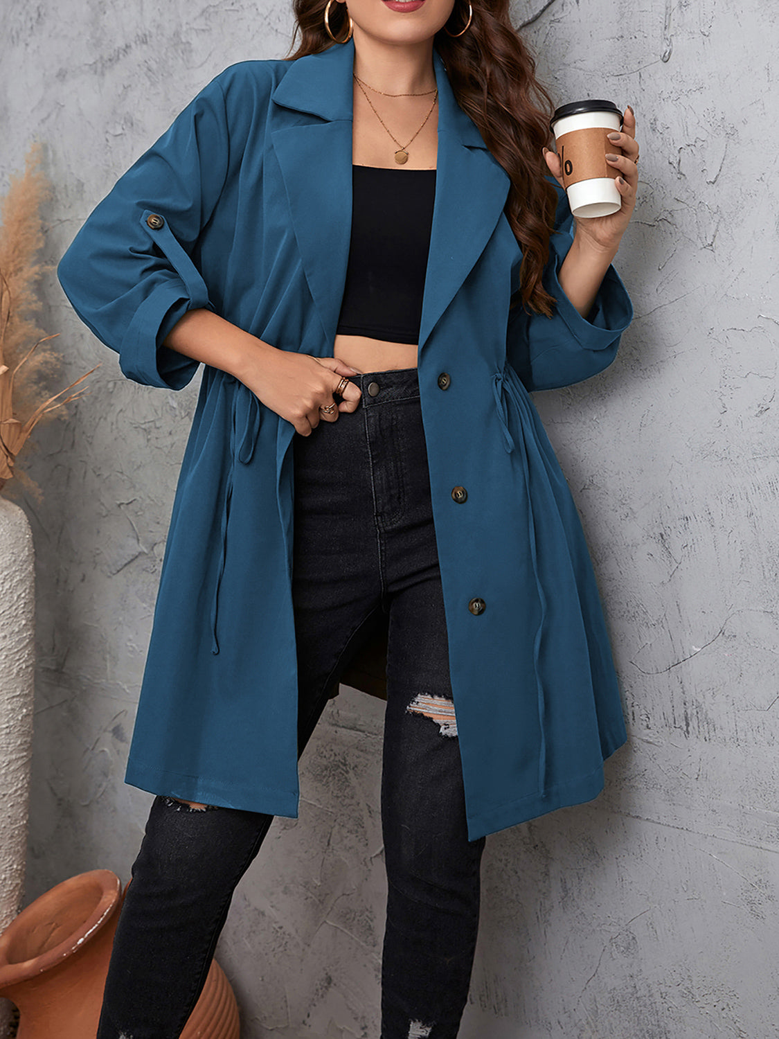 Honey Plus Size Lapel Collar Drawstring Roll-Tab Sleeve Trench Coat 