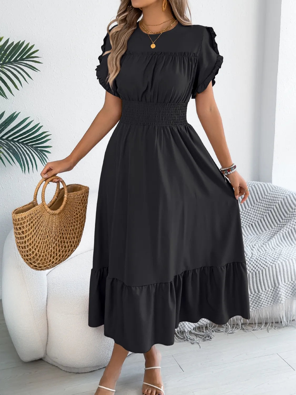 Smocked Frill Round Neck Midi Dress 