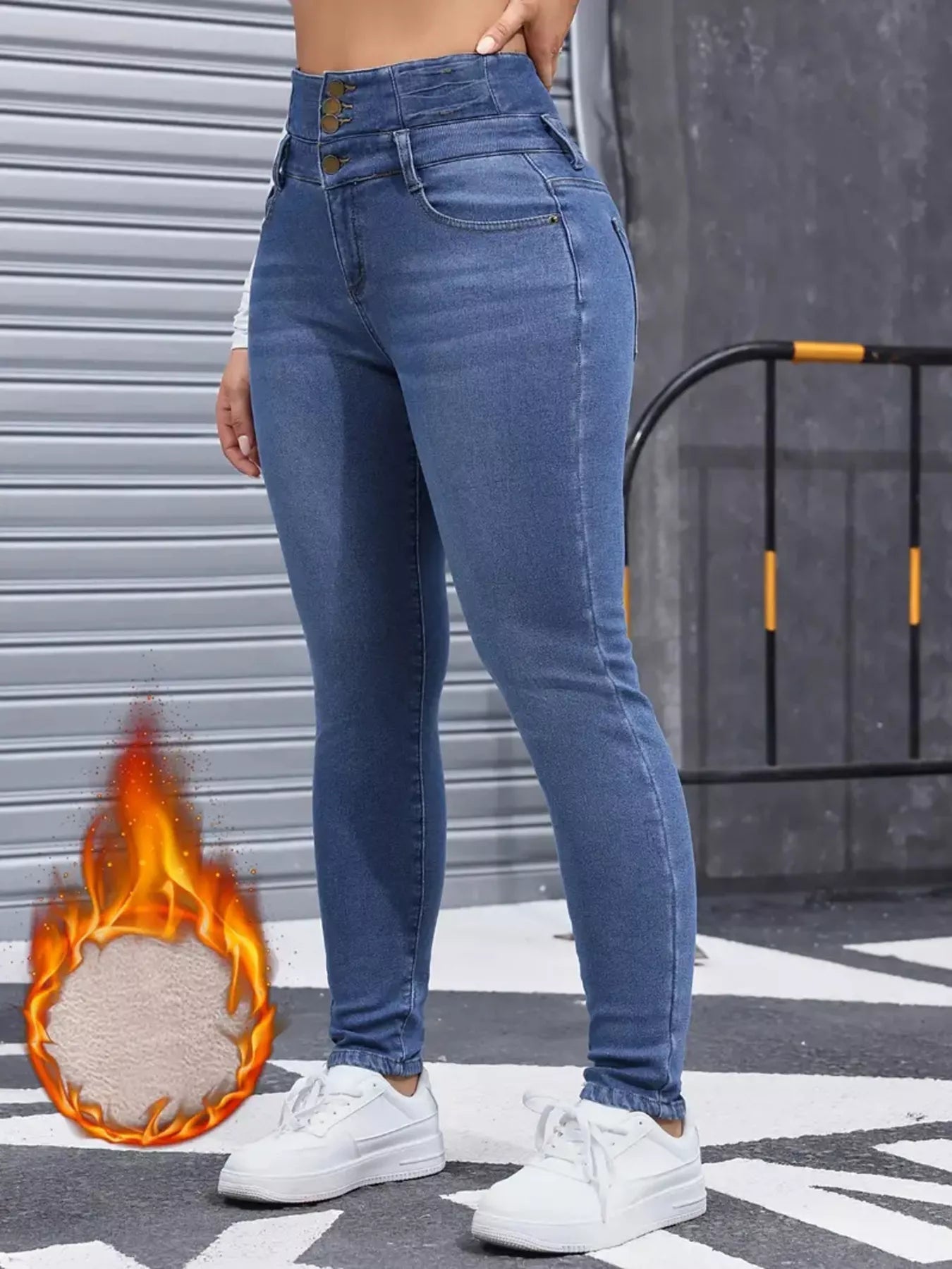 High-Waisted Slim Fit Fleece-Lined Jeans 