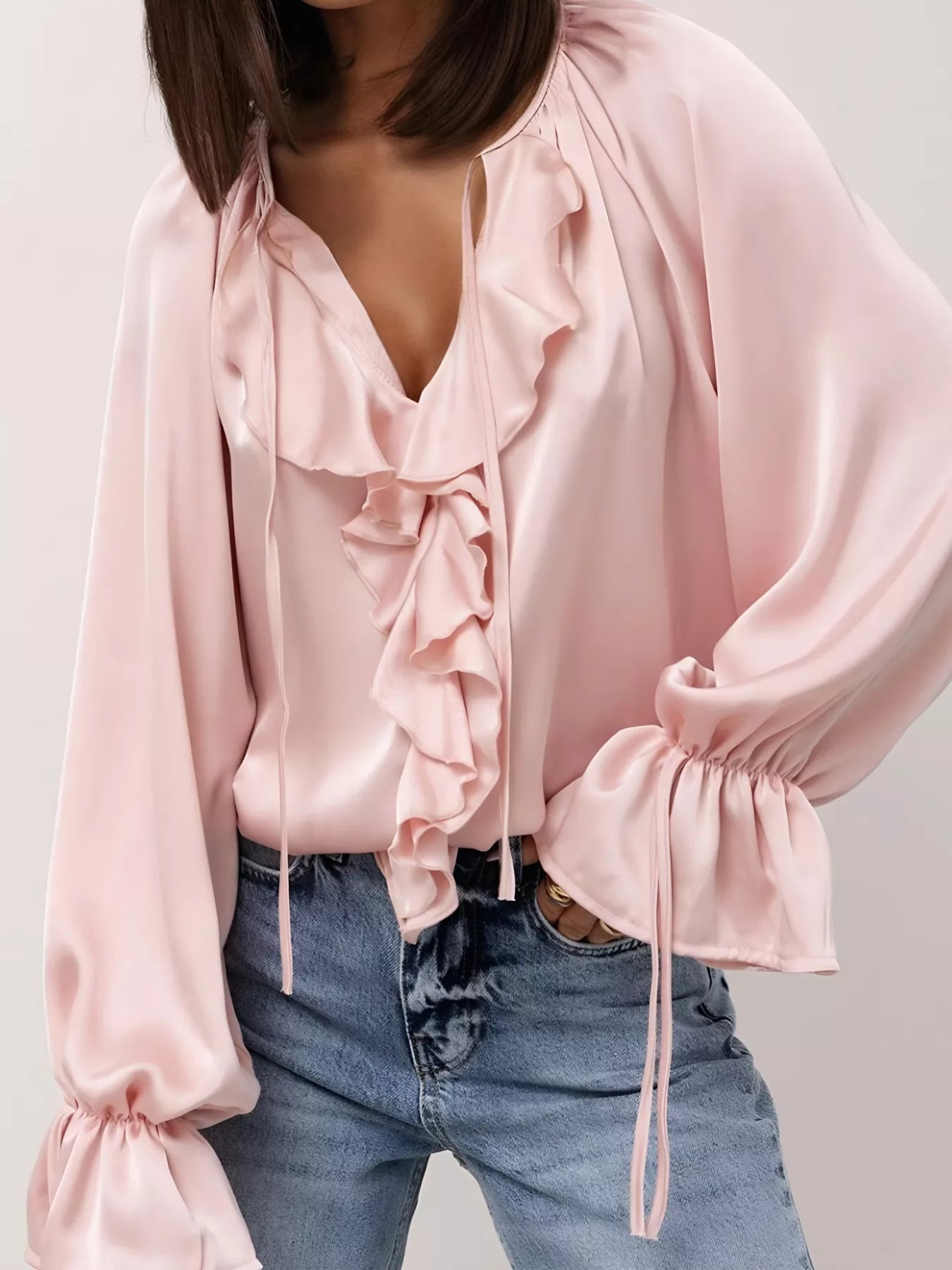 Ruffle Trim Satin Flounce Sleeve Blouse 