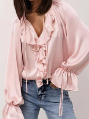 Ruffle Trim Satin Flounce Sleeve Blouse 