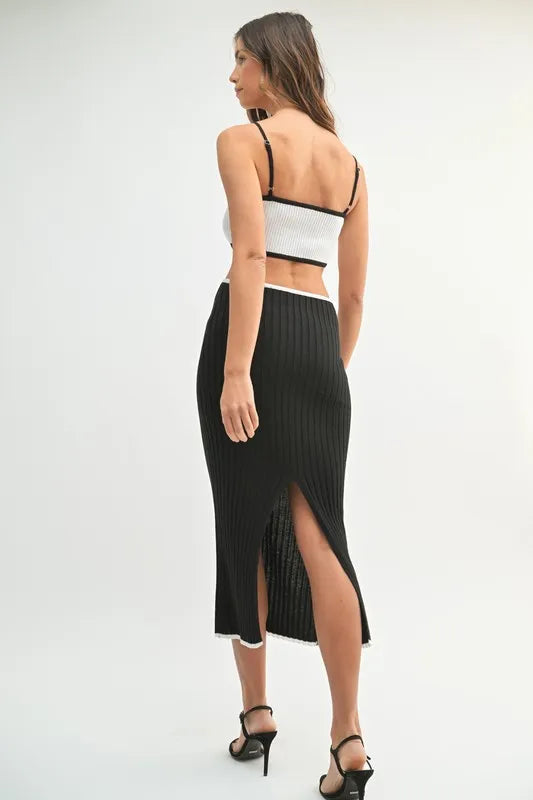MABLE Ribbed Knit Color Block Cutout Midi Dress 