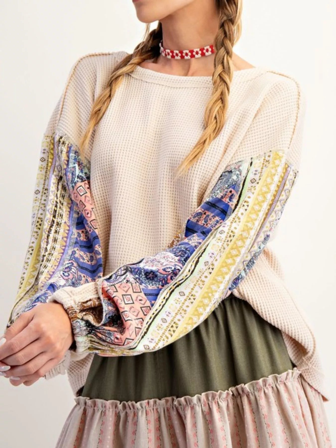 Waffle Knit Round Neck Dropped Shoulder Sweatshirt 