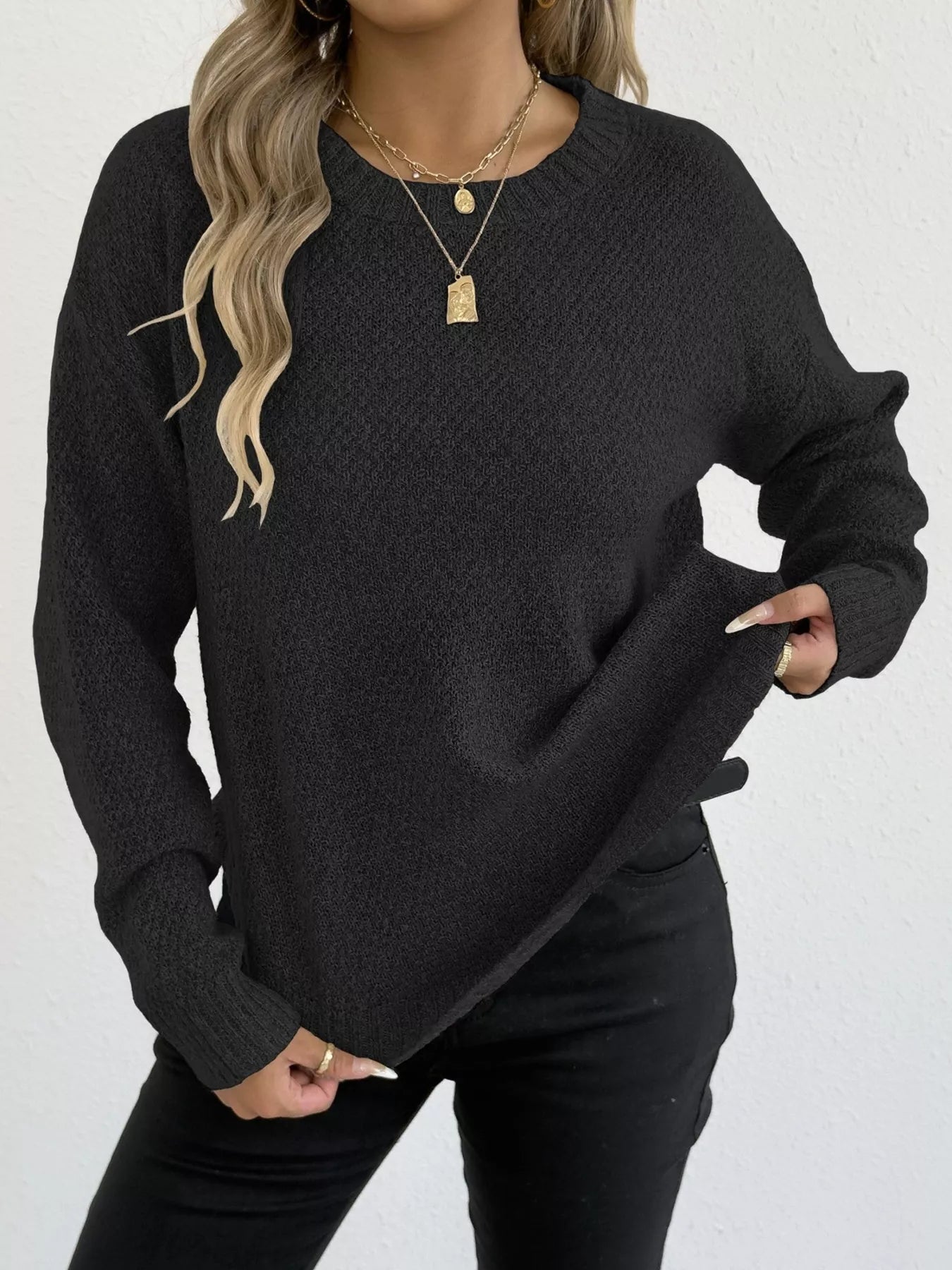 Textured Knit Relaxed Fit Round Neck Sweater 