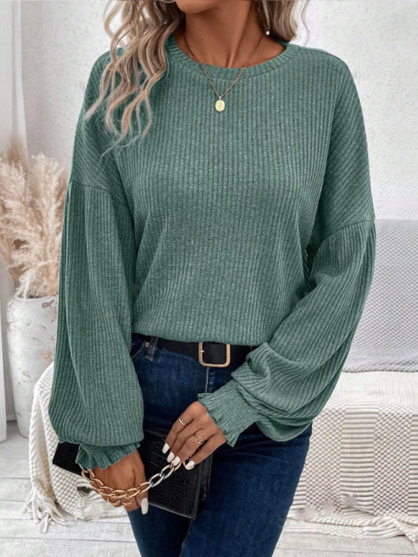 Ribbed Knit Long Sleeve T-Shirt 
