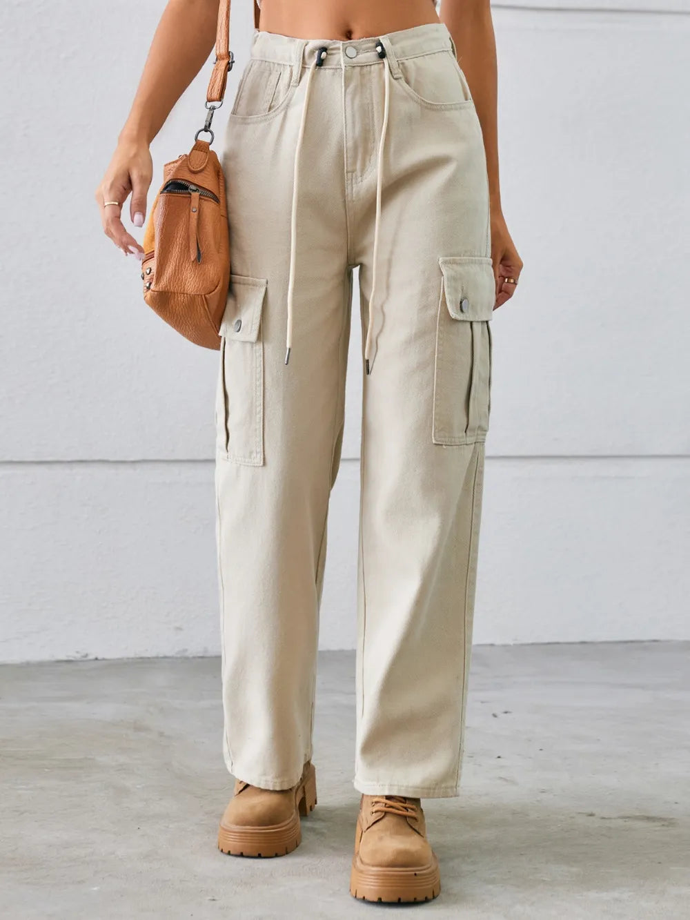 Drawstring Mid-Rise Waist Straight Cargo Jeans 