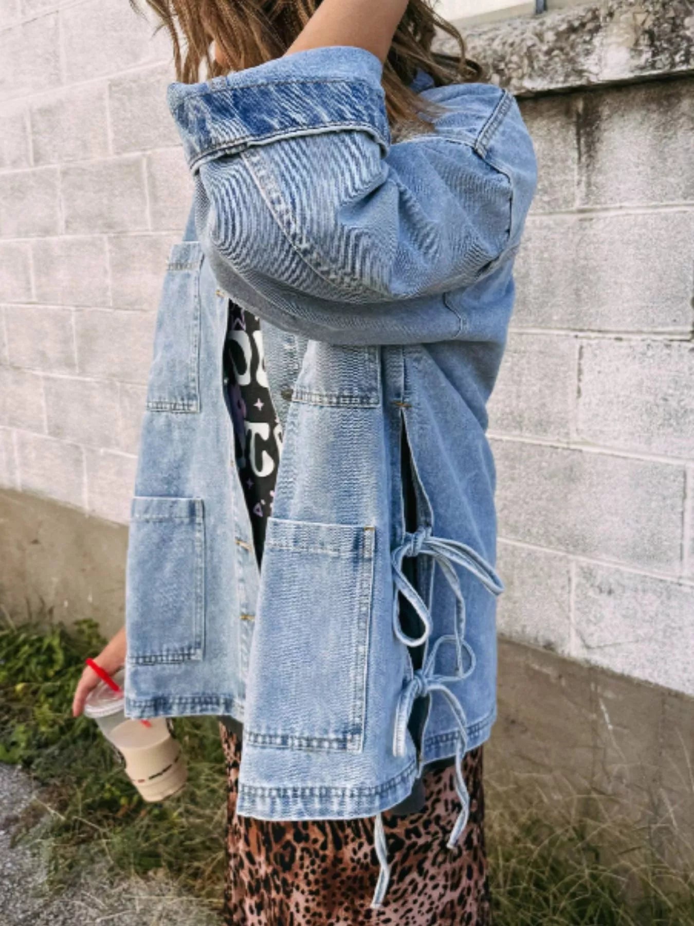 Patched Pockets Side Tie Denim Jacket 