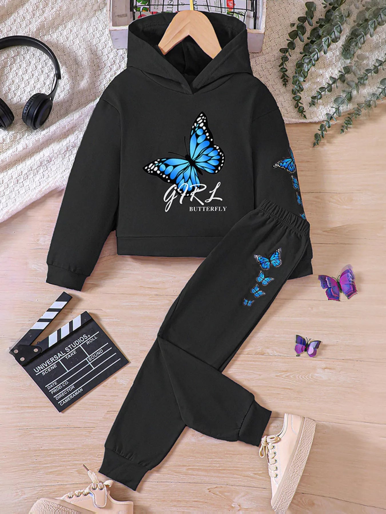 Childrens's Butterfly Print Hoodie & Pants Set 