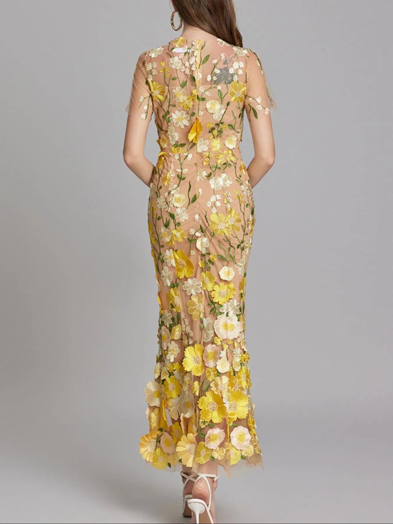 Floral Embroidered Mesh Overlay Maxi Dress 
