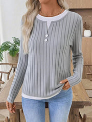 Ribbed Knit Button Detail Contrast Sweater 
