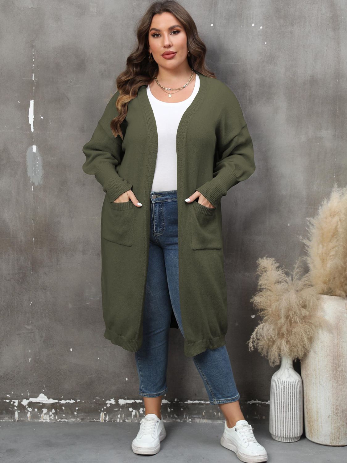Plus Size Long Sleeve Pocketed Cardigan 