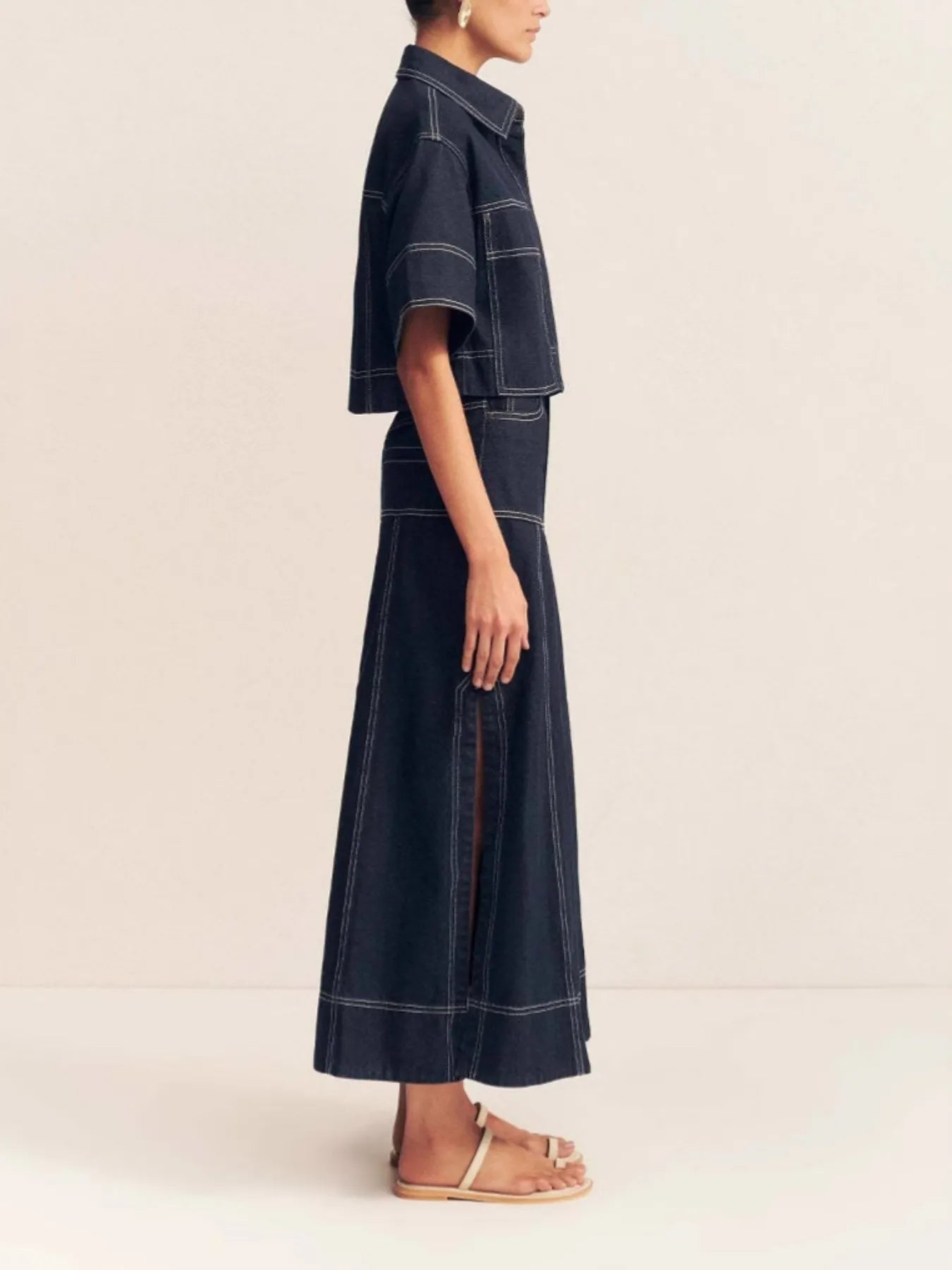 High-Waist Side Slit Contrast Stitch Denim Maxi Skirt 