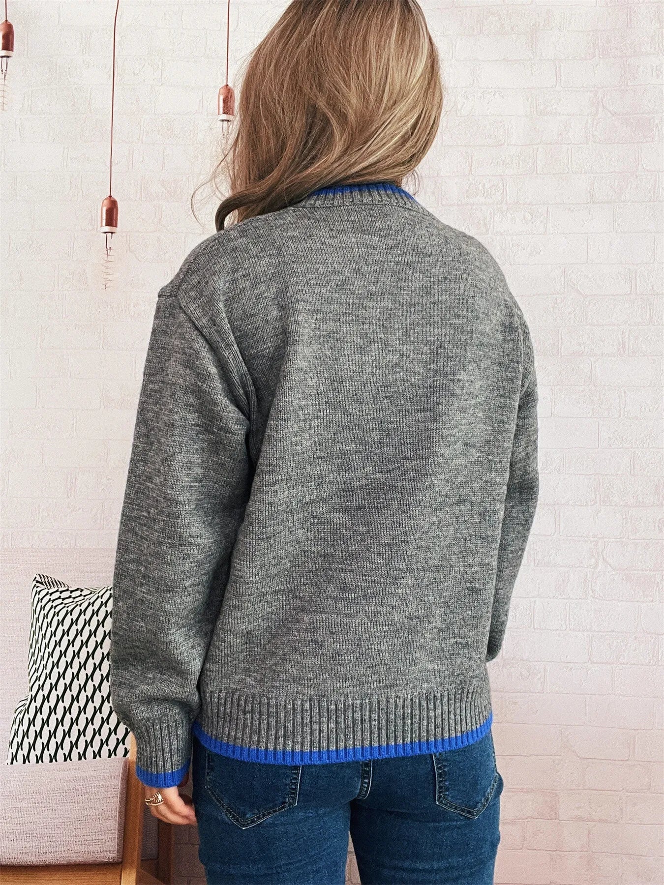 Ribbed Contrast Trim Long Sleeve Sweater 