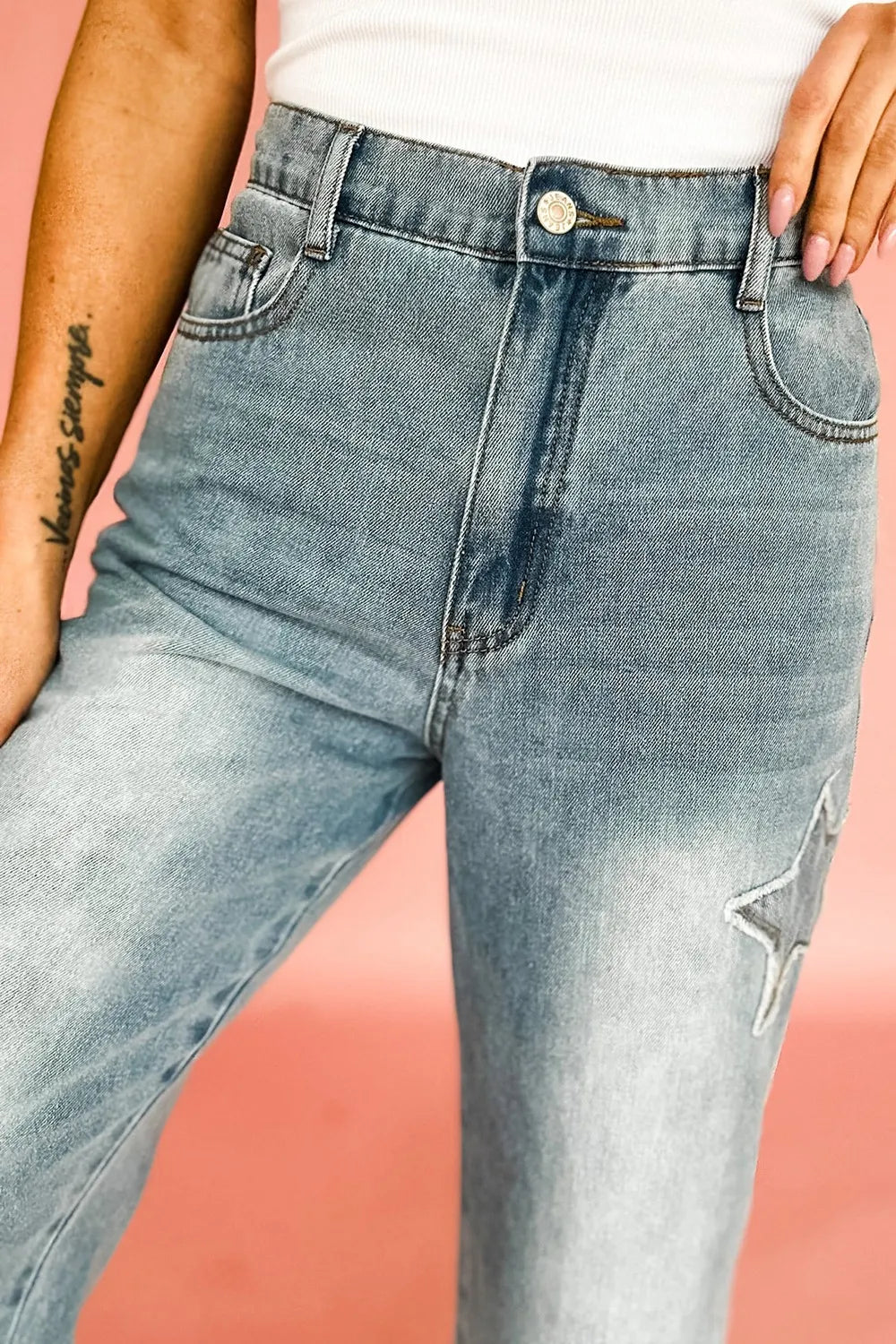 Star Embroidered High Waist Wide Leg Jeans 