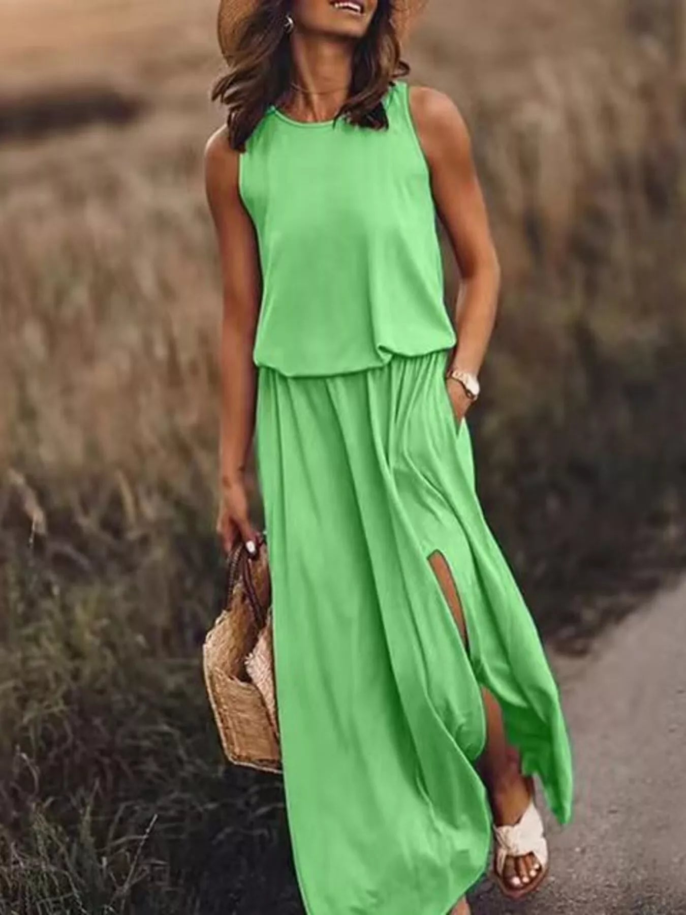 Full Size Round Neck Sleeveless Slit Maxi Dress Plus Size 