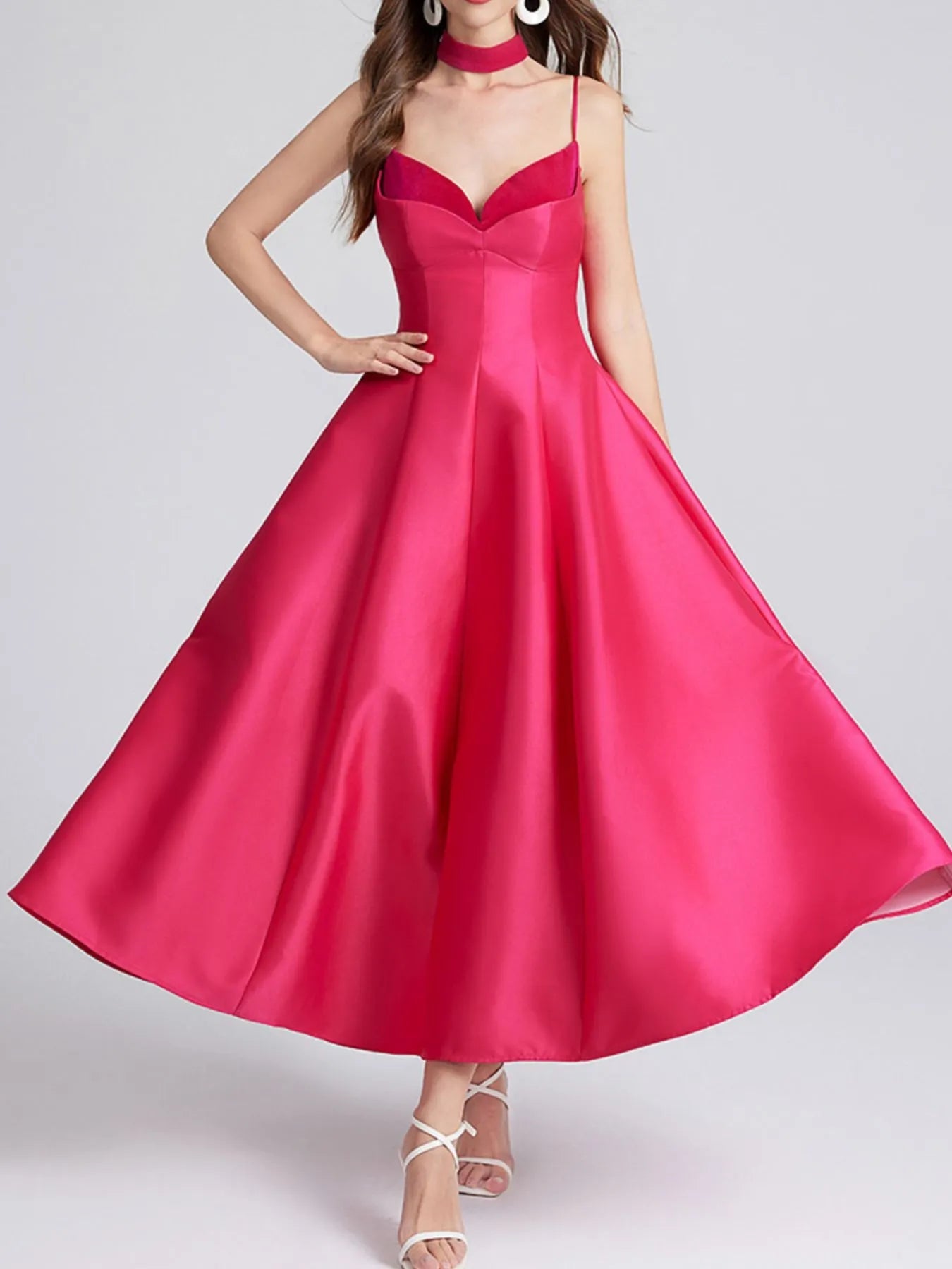 Sweetheart Spaghetti Strap Midi Dress with Collar 