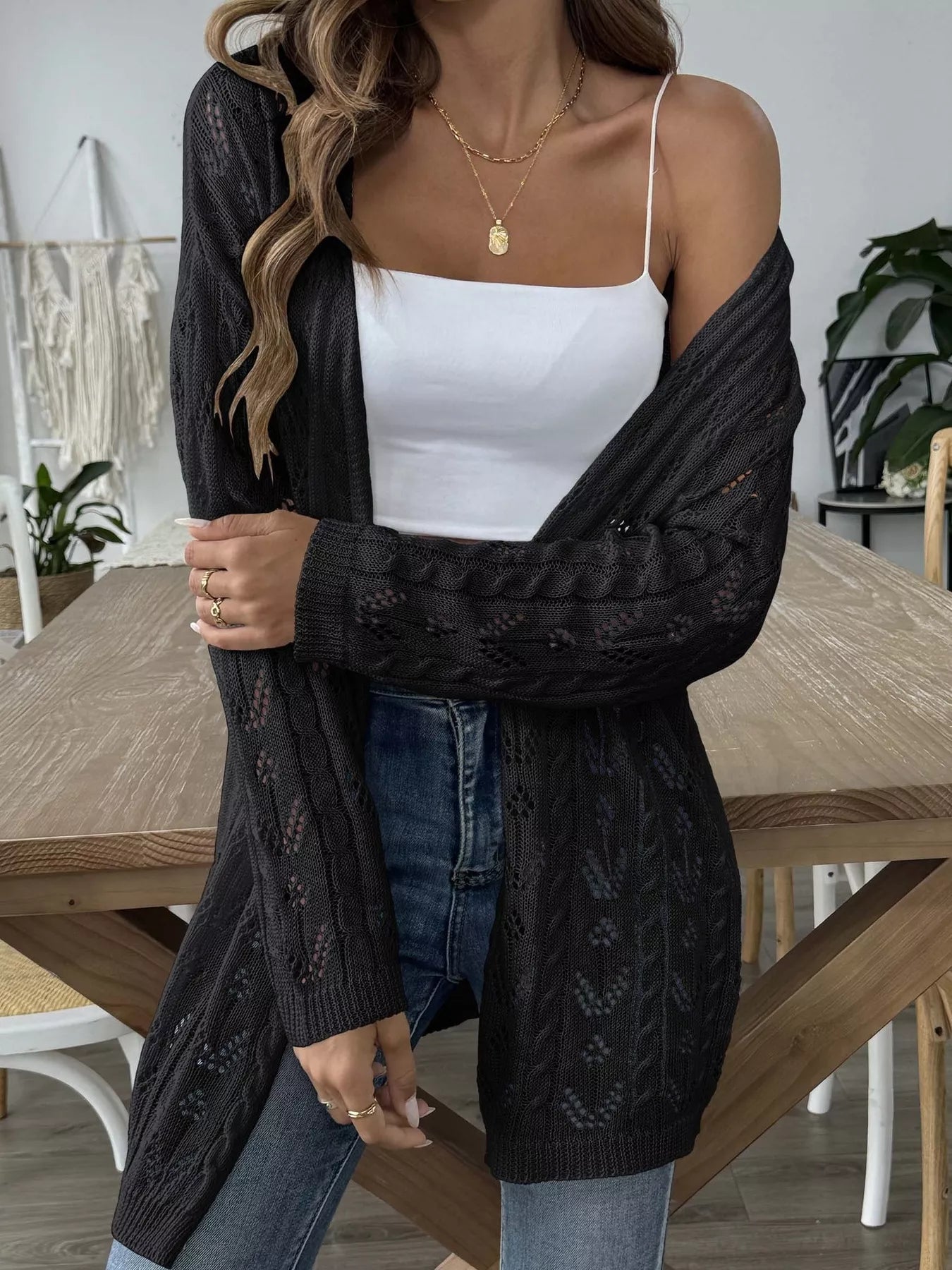 Openwork Open Front Knit Cardigan 