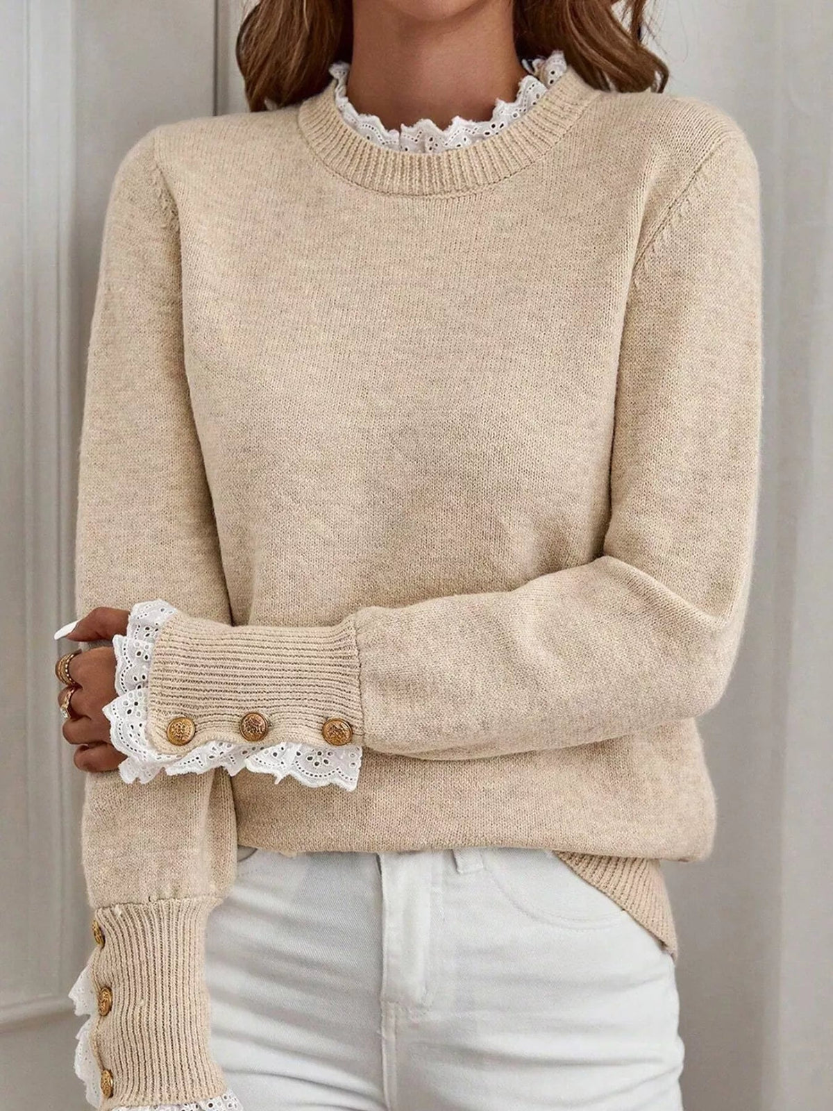 Lace Trim Button Cuff Long Sleeve Sweater 