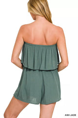 Zenana Woven Crinkle Strapless Rompers 