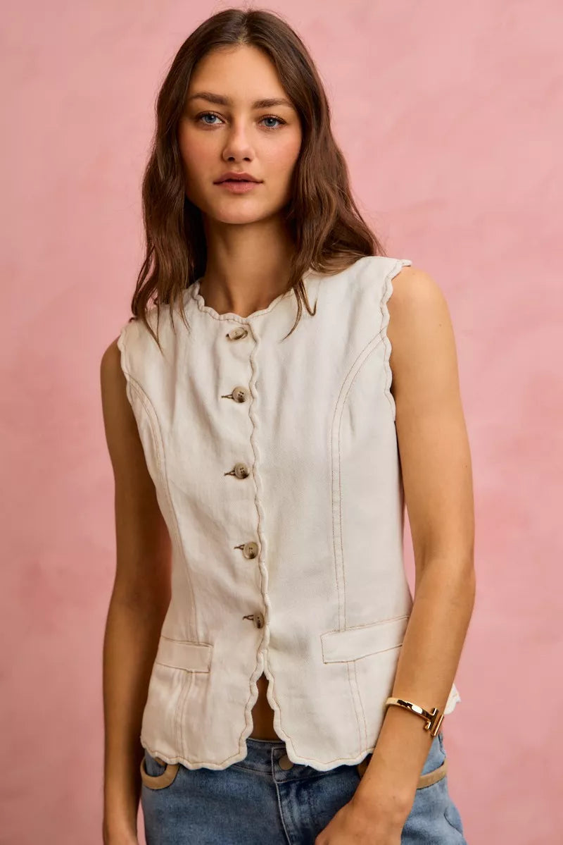 SO ME Scalloped Edge Cotton Twill Washed Vest Top 