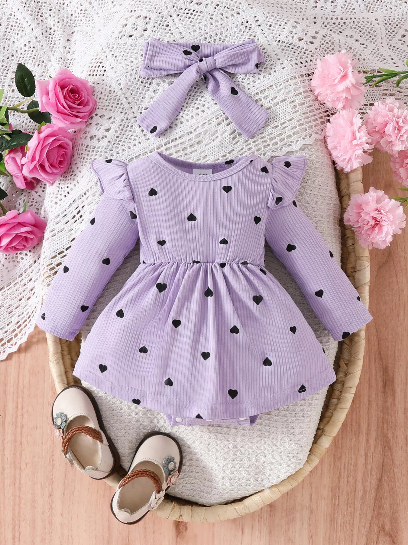 Children's Heart Print Ruffle Trim Bodysuit Dress with Headband 