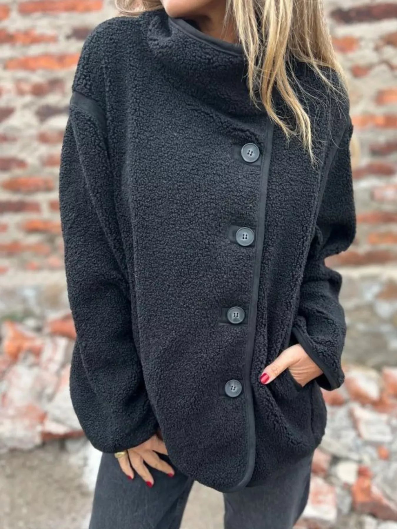 Full Size Button Up Long Sleeve Fleece Jacket Plus Size 