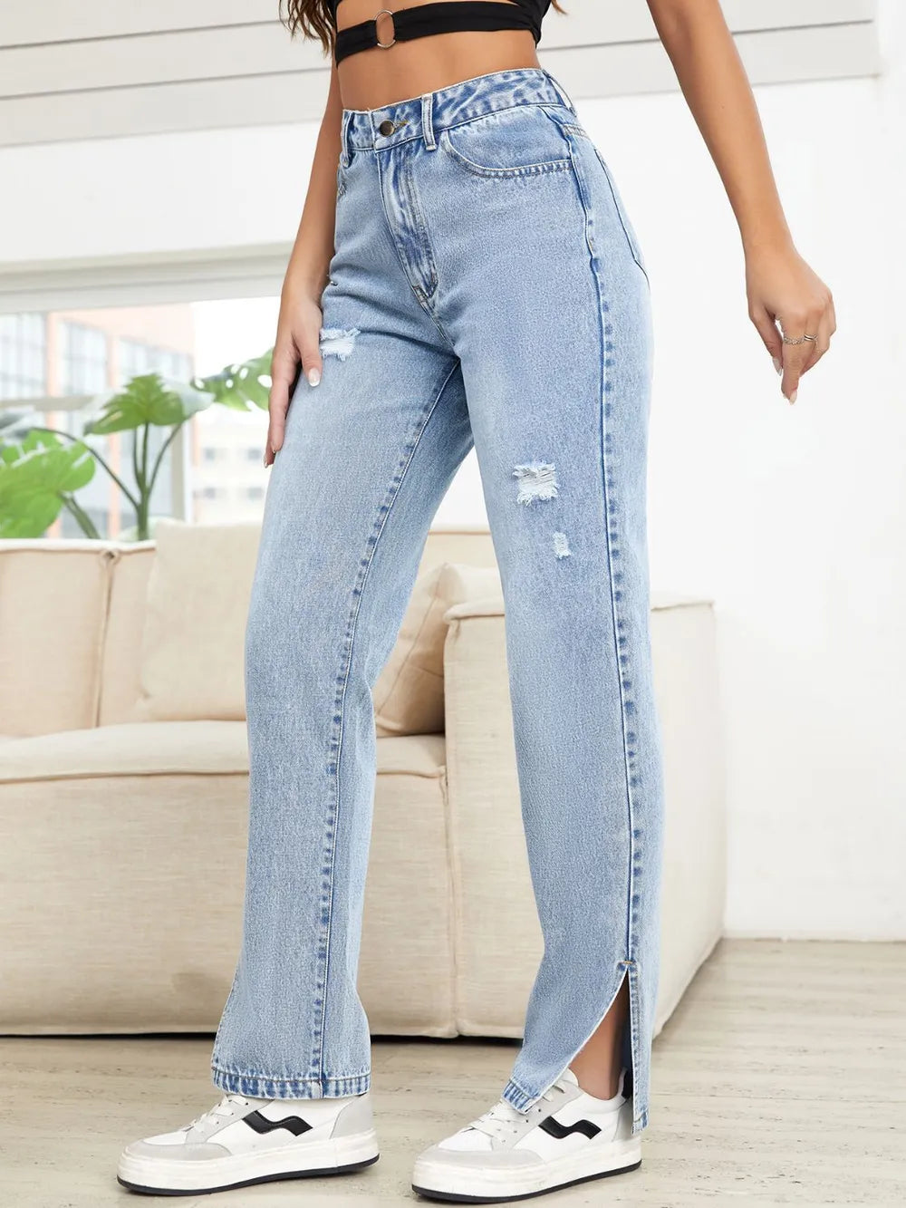 Distressed Slit Straight Leg Jeans 