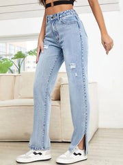 Distressed Slit Straight Leg Jeans 