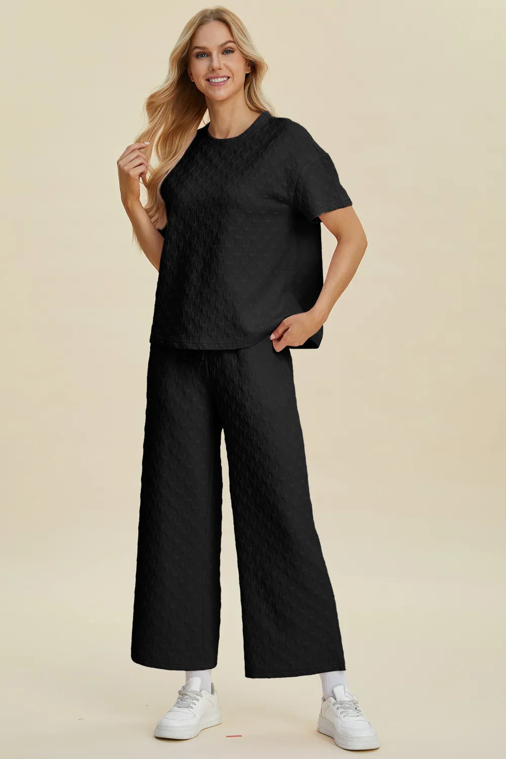 Double Take Full Size Texture Round Neck Short Sleeve Top and Pants Set 