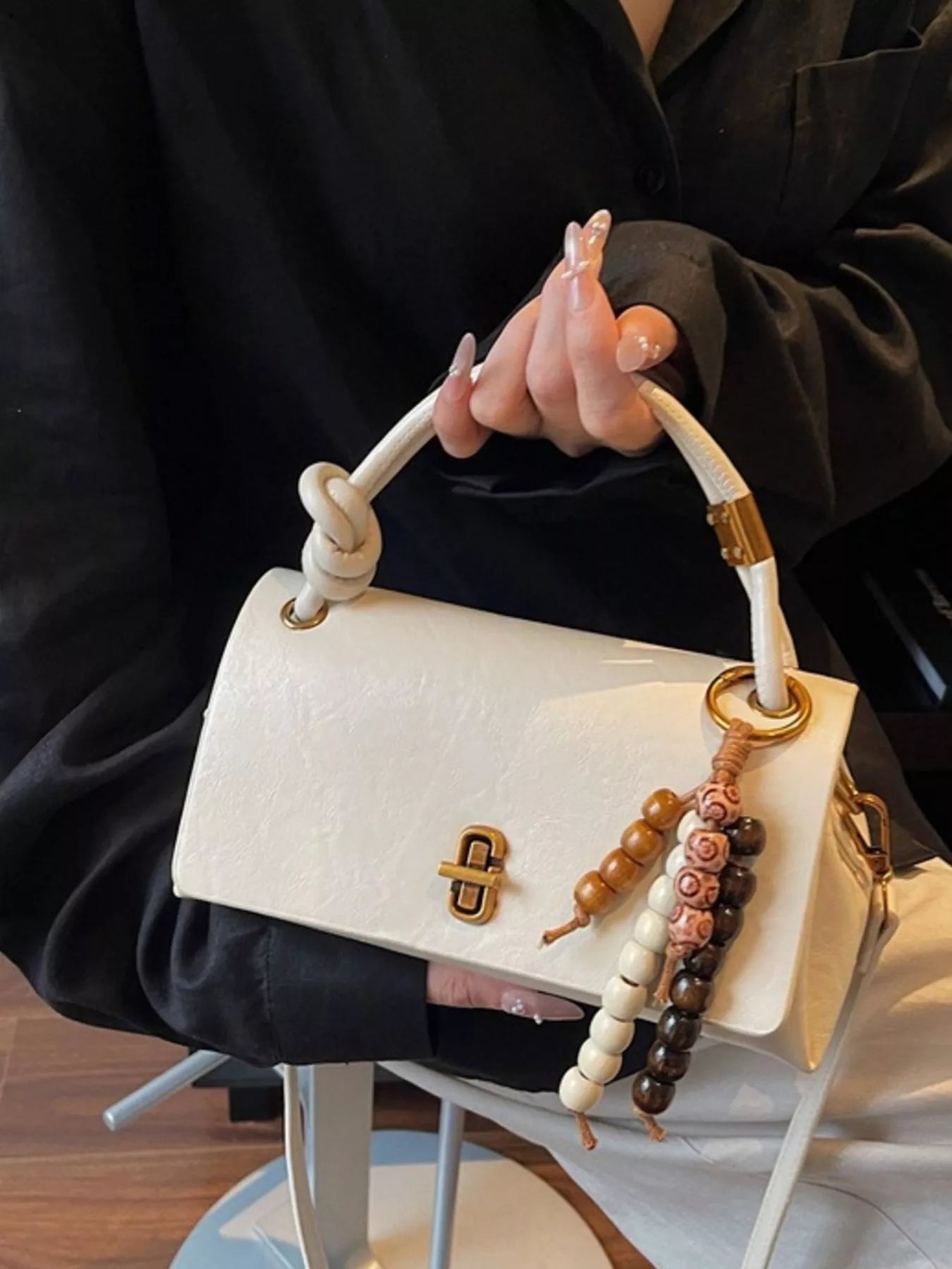 Leather Crossbody Bag with Bead Charm 