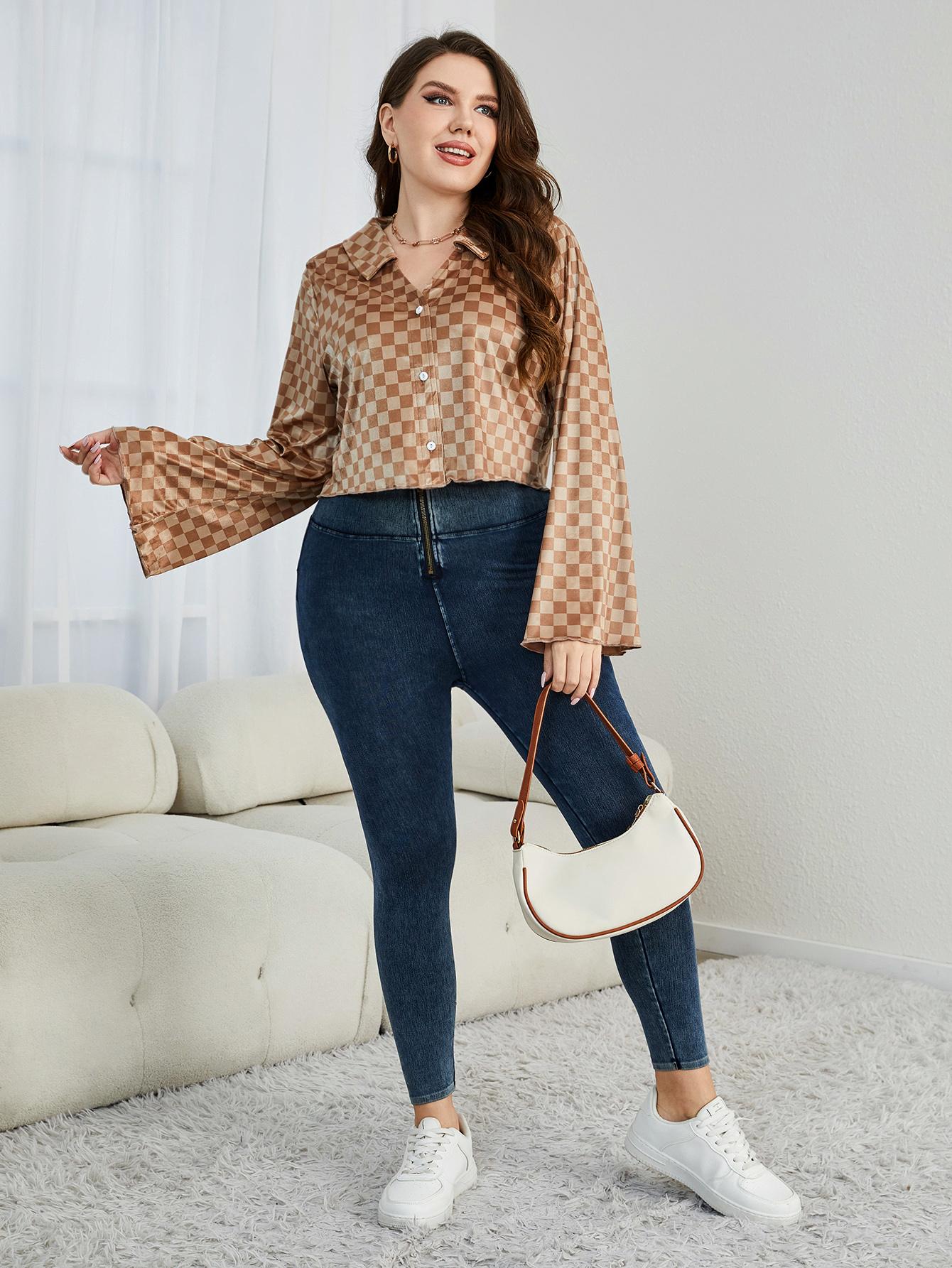 Plus Size Checkered Johnny Collar Flare Sleeve Shirt 