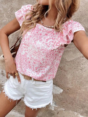 Floral Print Ruffle Trim Blouse 