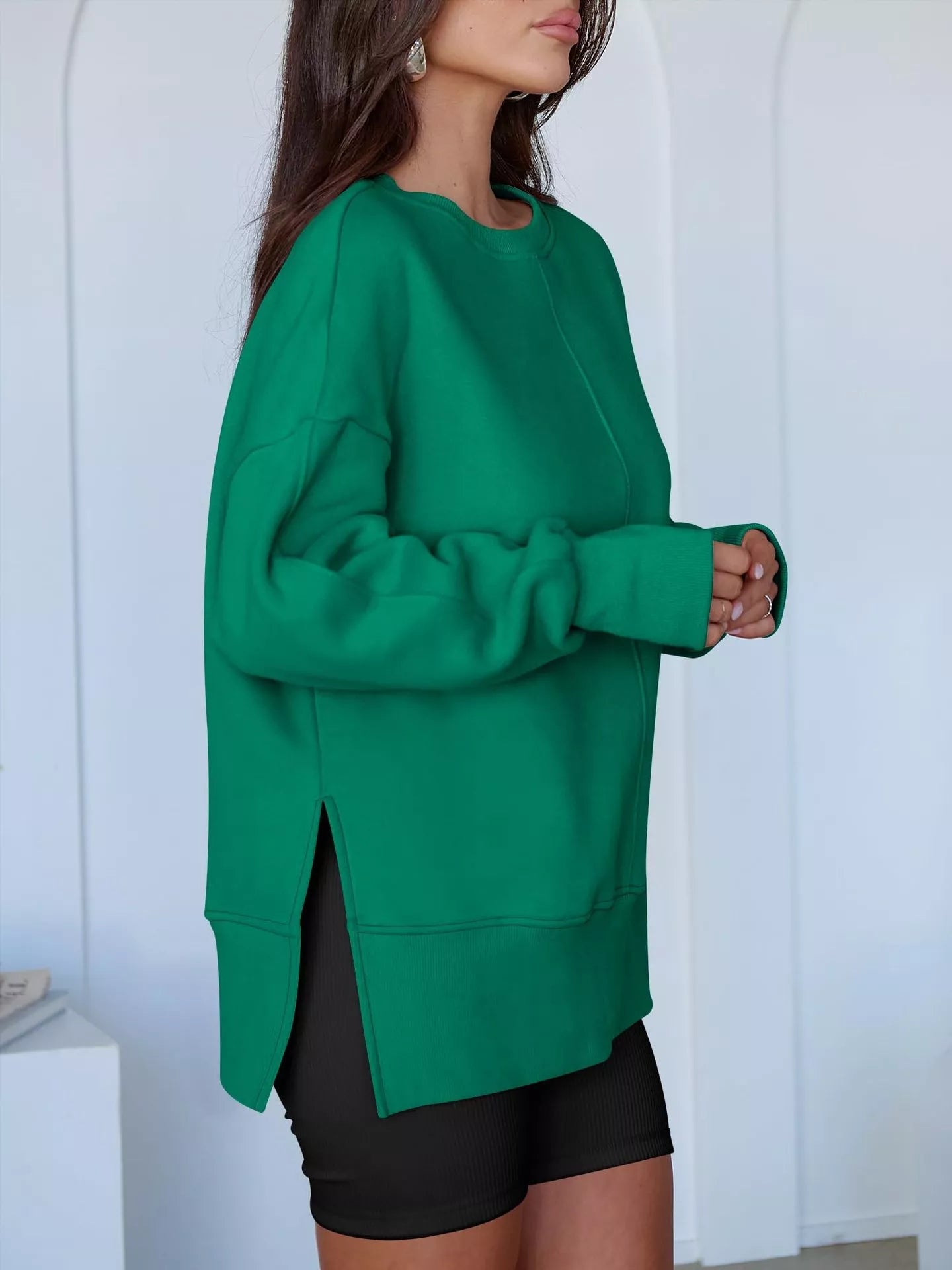 Side Slit Round Neck Long Sleeve Sweatshirt 