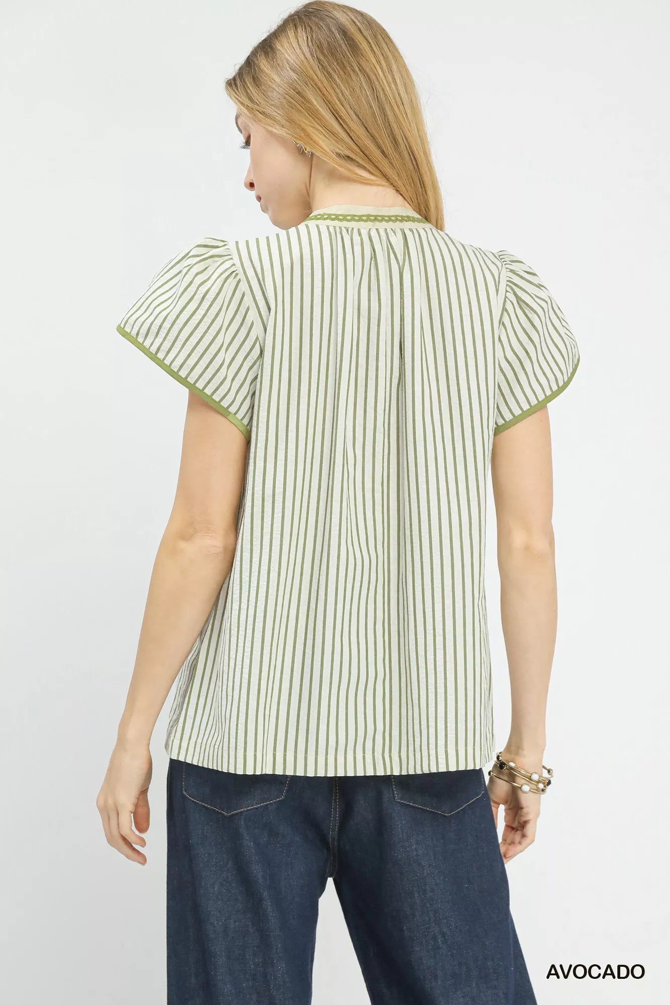 Umgee V-Neck Stripe Top with Lace Trim 