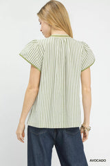 Umgee V-Neck Stripe Top with Lace Trim 