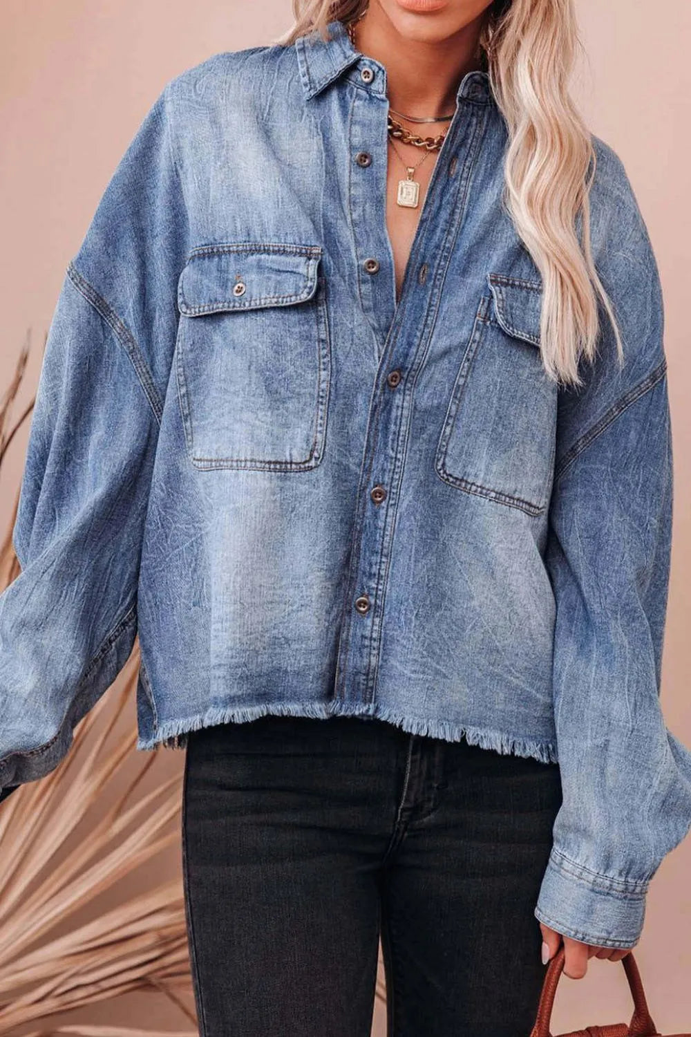Collared Neck Raw Hem Long Sleeve Denim Shirt 
