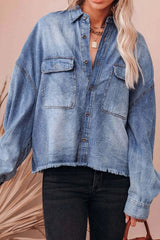 Collared Neck Raw Hem Long Sleeve Denim Shirt 