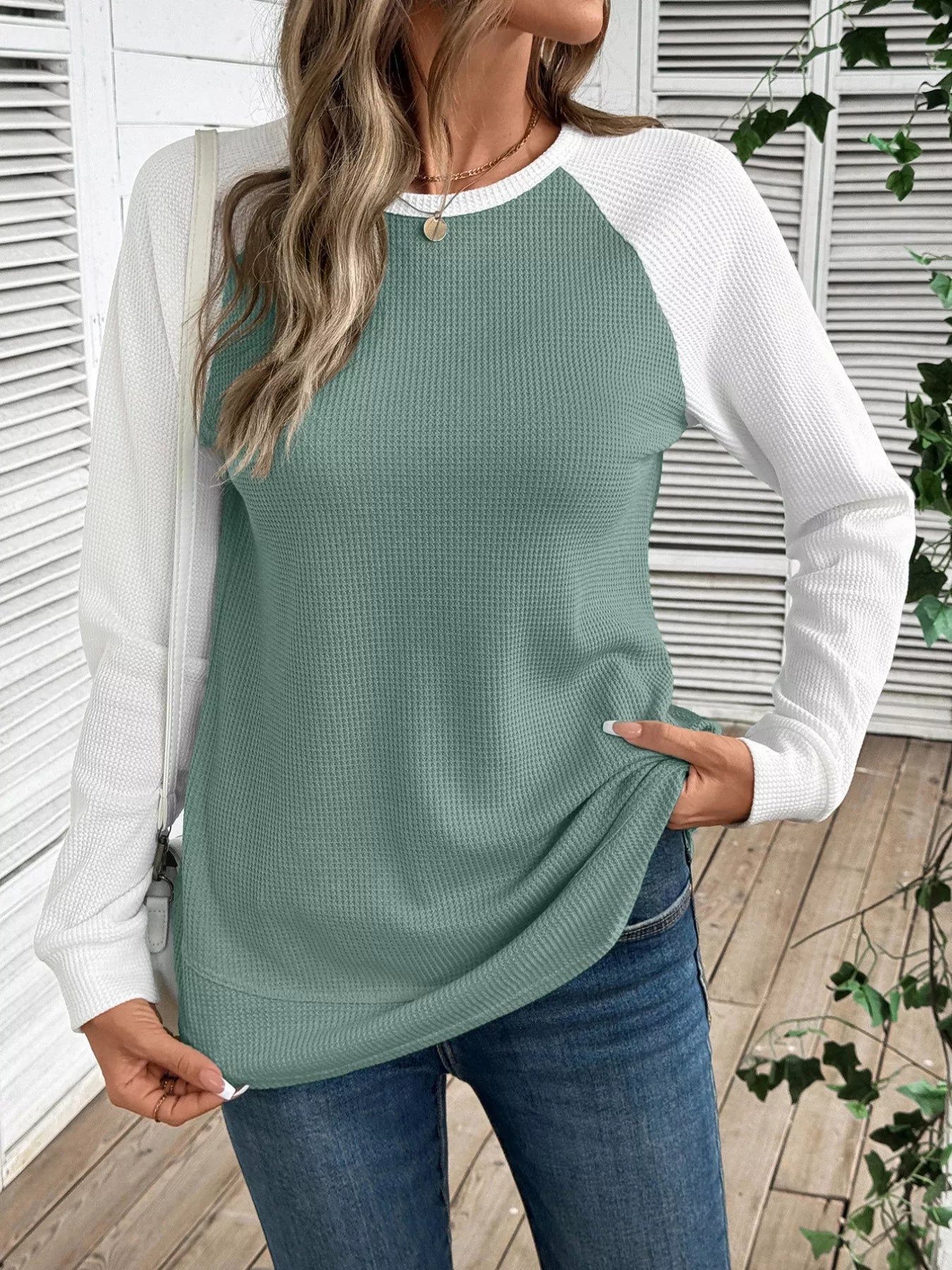 Contrast Raglan Sleeve Waffle Knit T-Shirt 