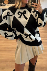 Bow Pattern Long Sleeve Contrast Sweater 
