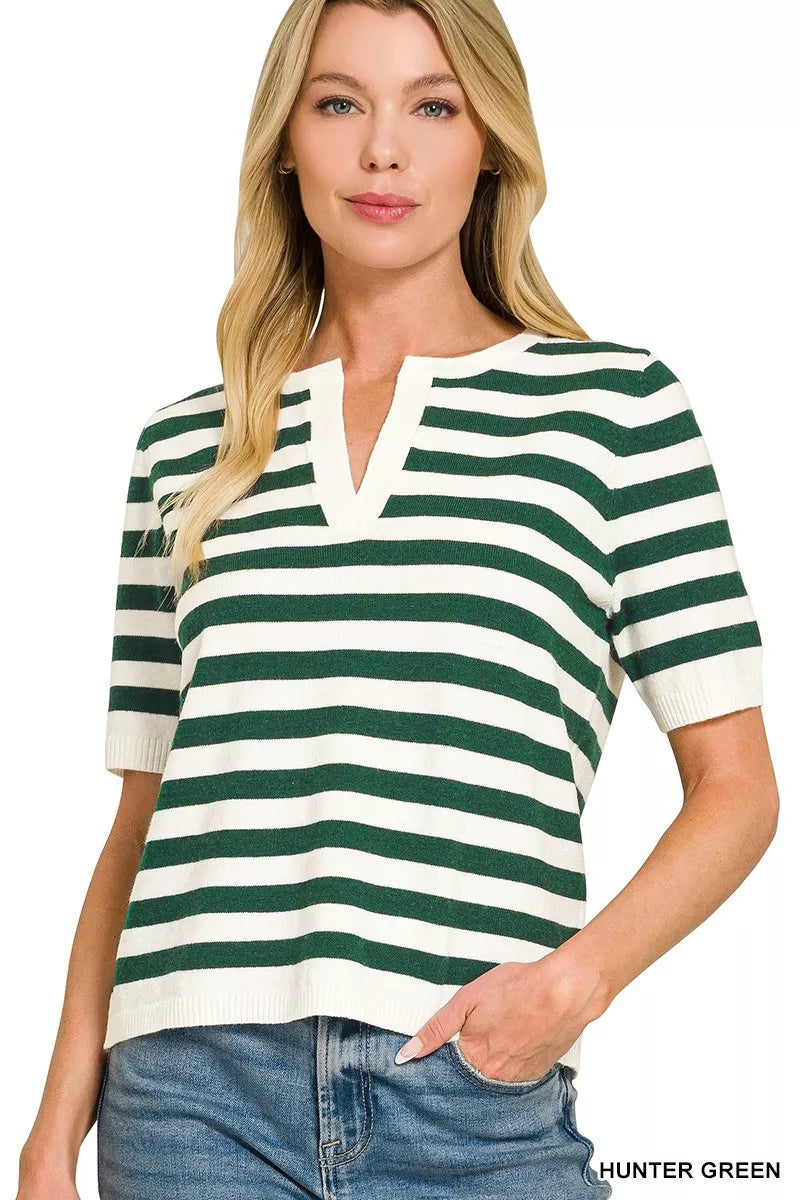 Zenana Split Neck Stripe Short Sleeve Sweater 