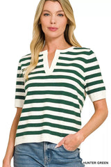 Zenana Split Neck Stripe Short Sleeve Sweater 