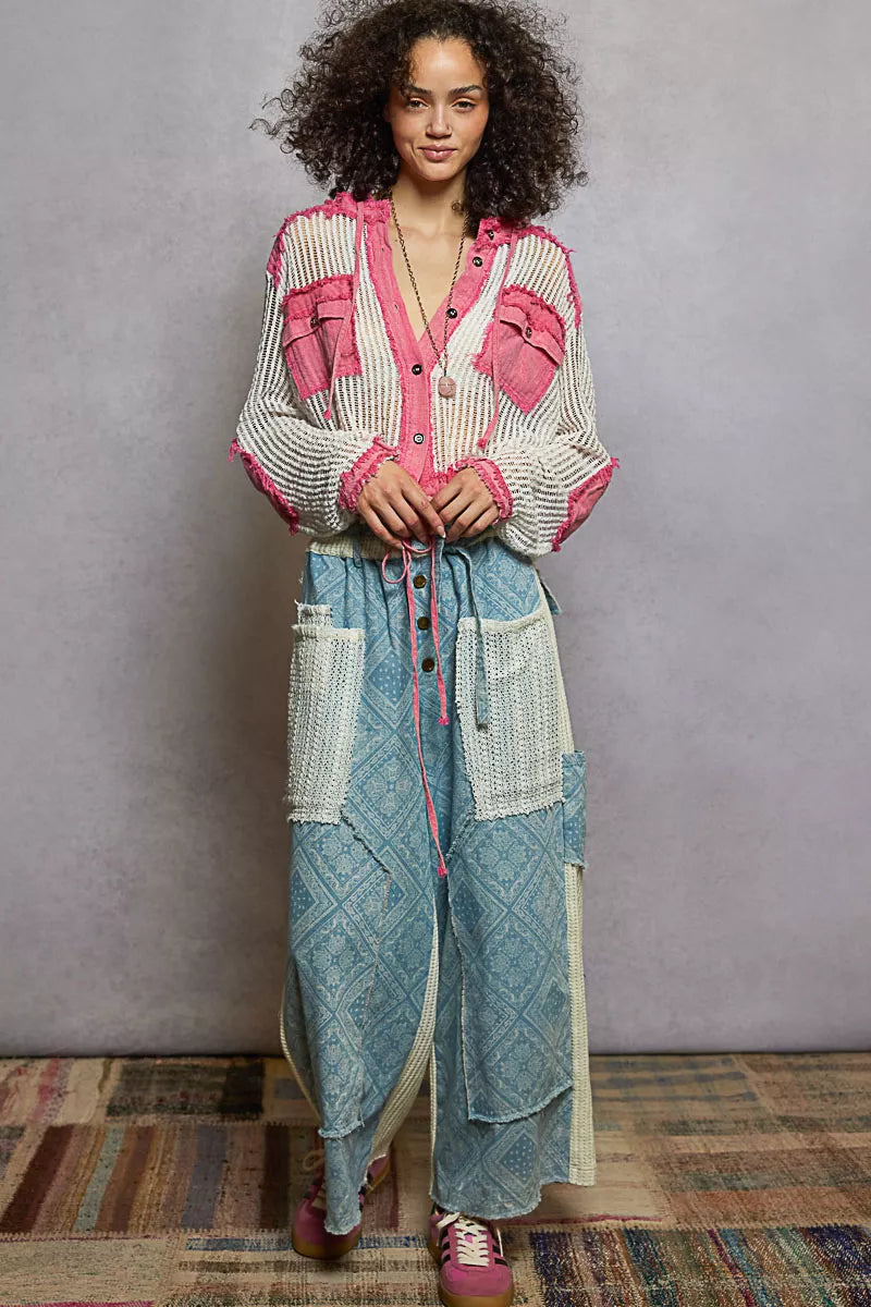 POL Texture Woven Button Down Hooded Shirt with Drawstring Hem 