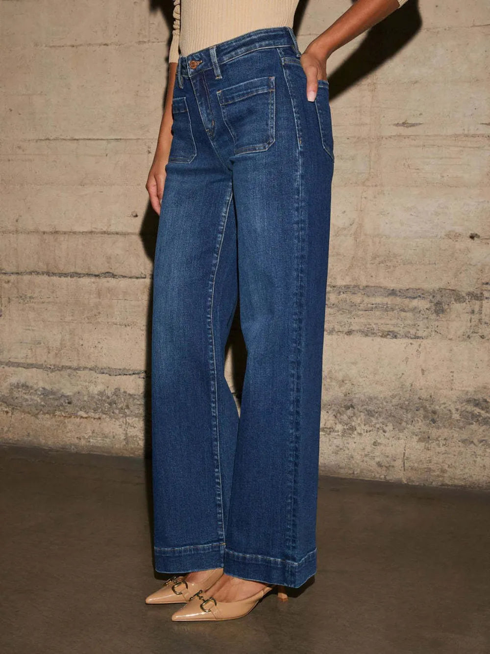 High Rise Front Pocket Patch Wide Leg Jeans 