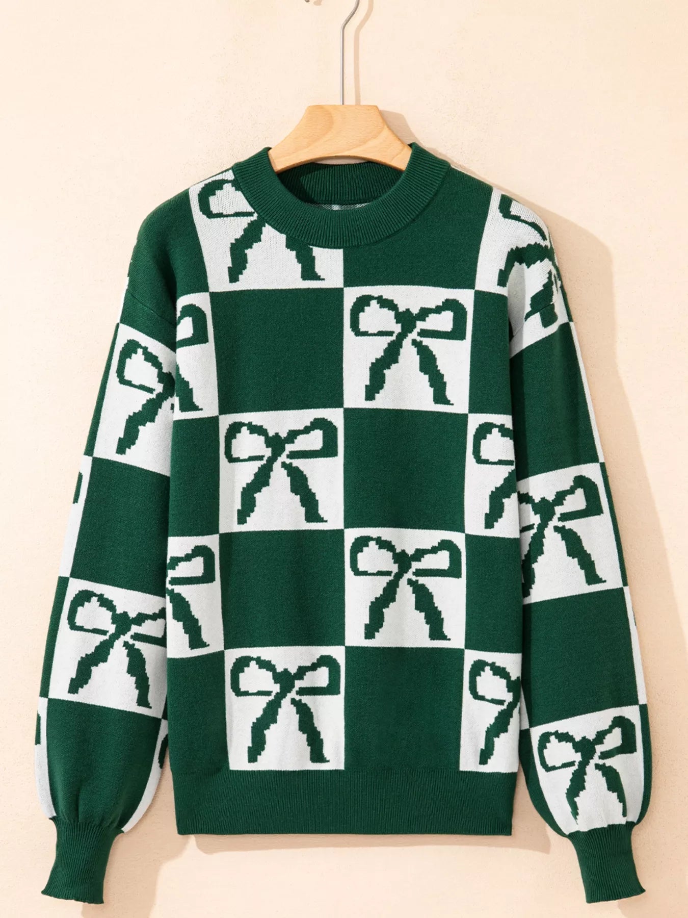 Checkered Bow Round Neck Casual Sweater 