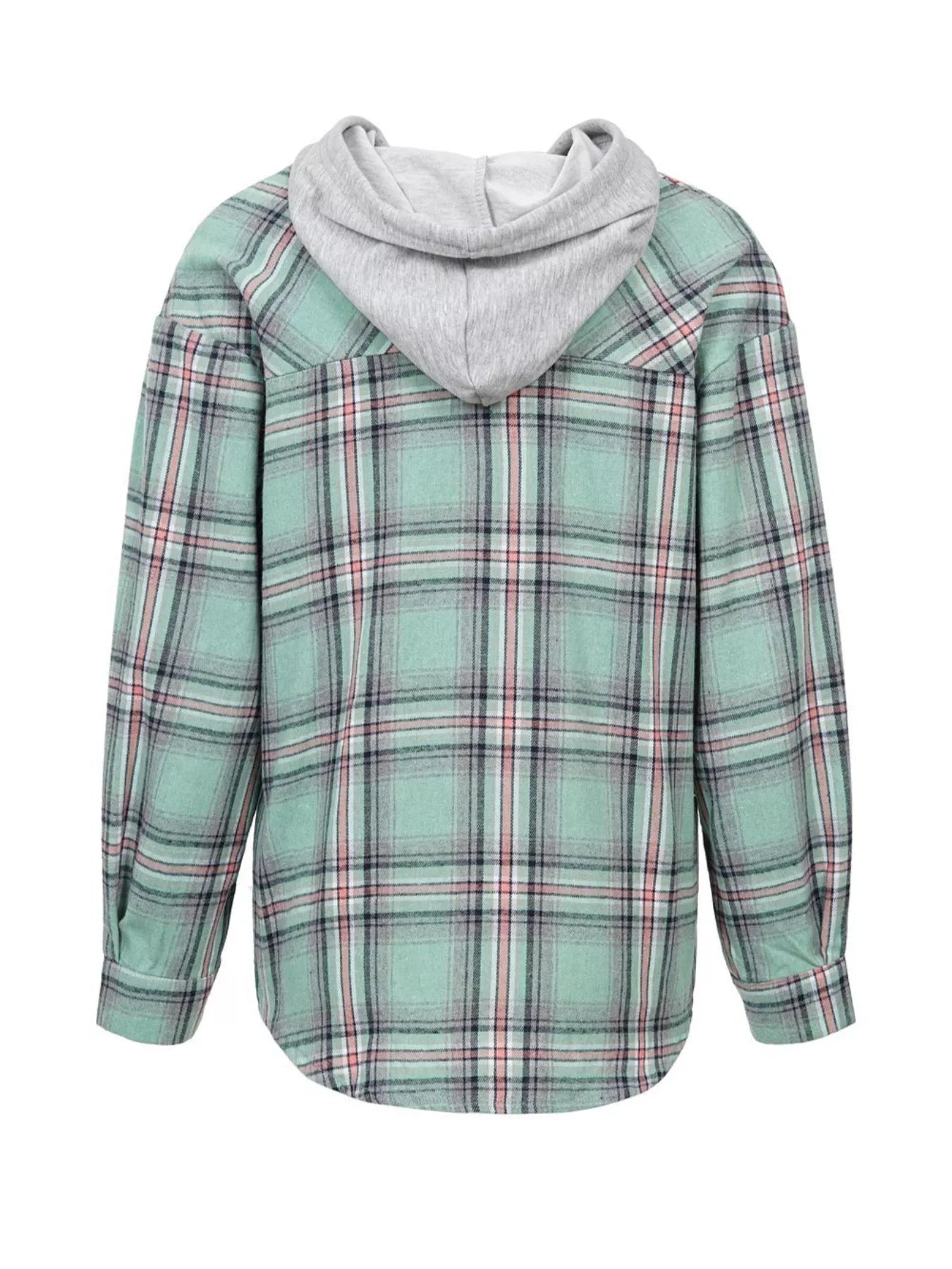 Plaid Button-Up Hooded Shirt with Chest Pocket 