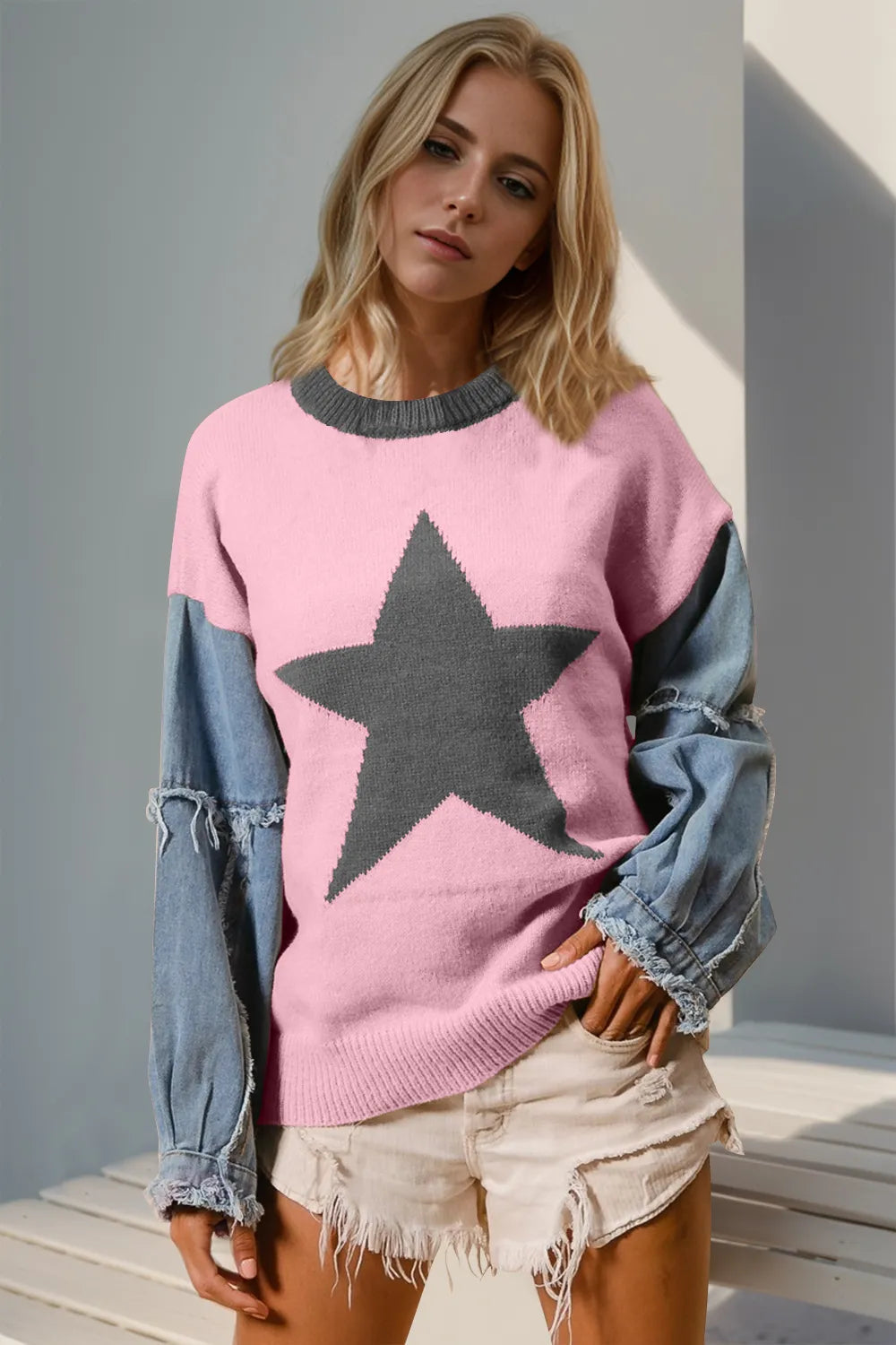 Double Take Full Size Star Pattern Raw Edge Long Sleeve Sweater 