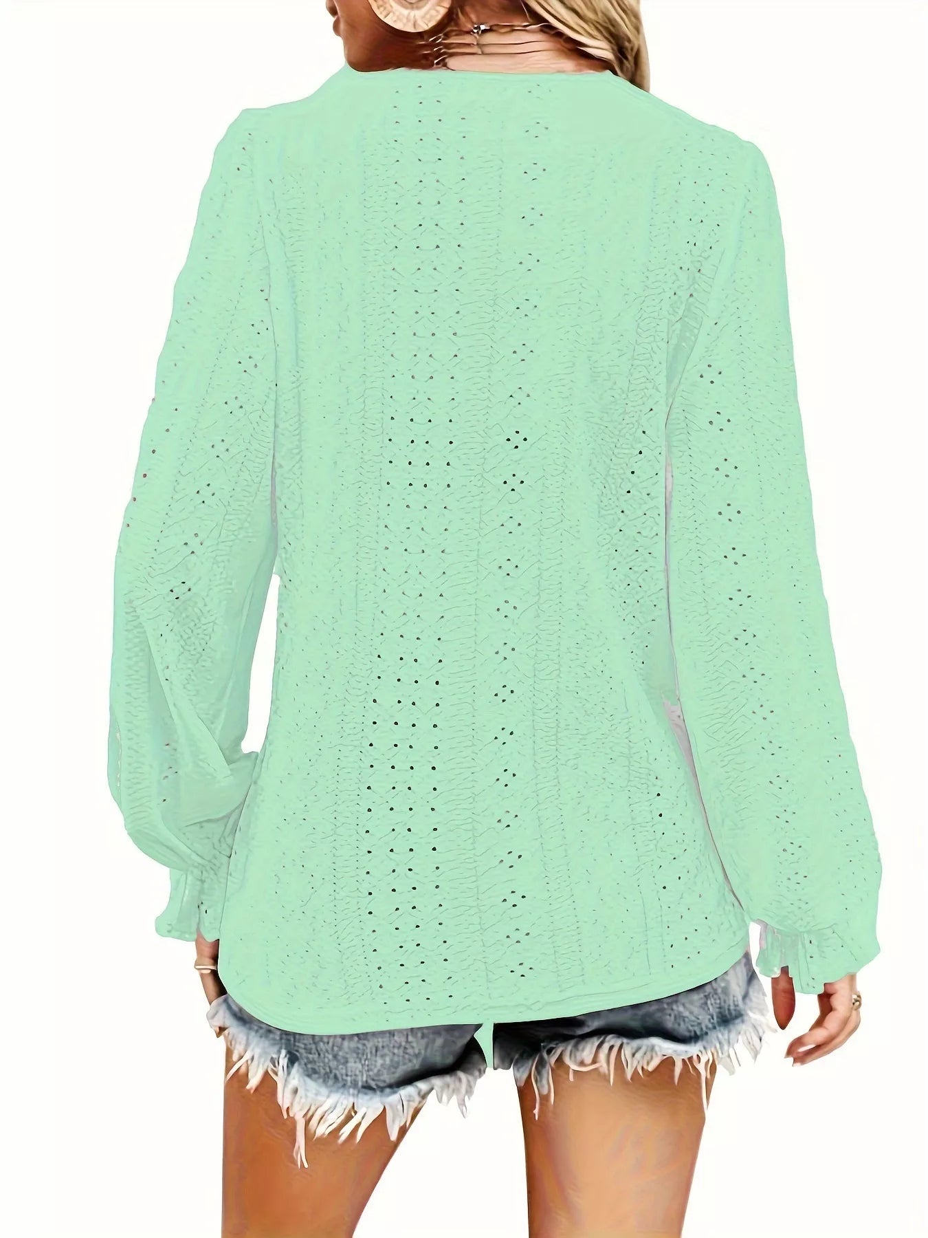 Plus Size Eyelet V-Neck Flounce Sleeve Blouse 