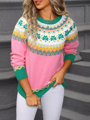Clover Pattern Round Neck Knitted Sweater 